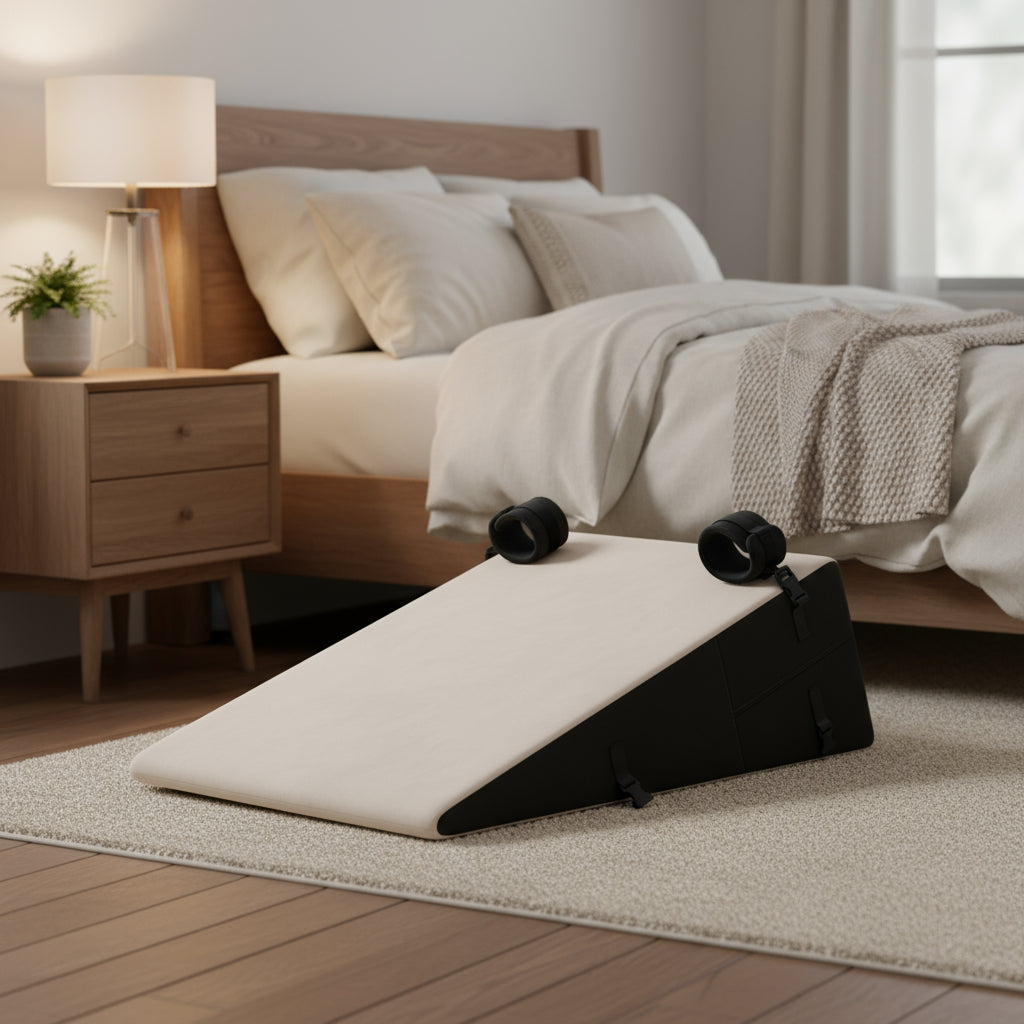 Cream, and black ramp shaped product by Liberator in a bedroom setting.