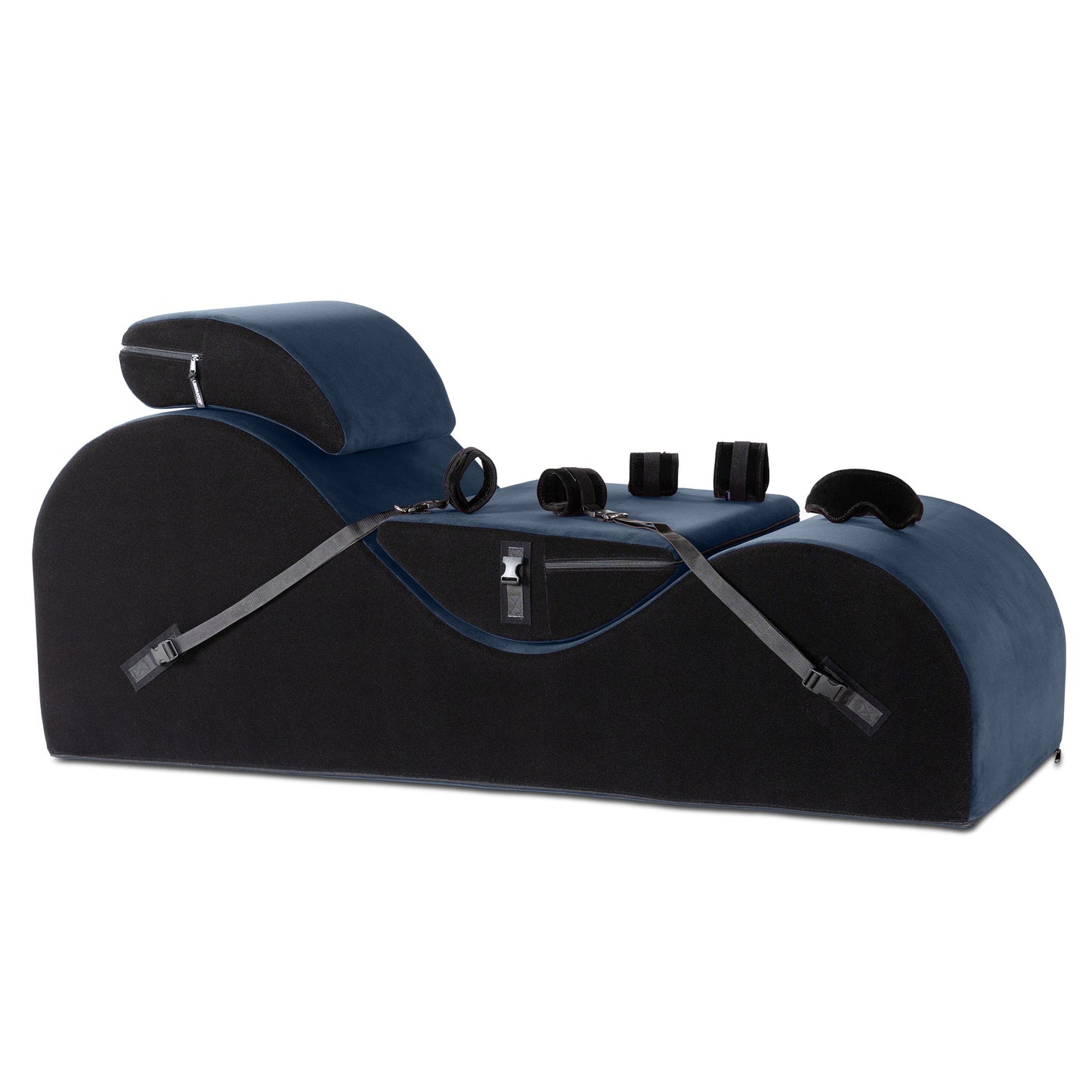 A valkyrie Ink Blue Esse Chaise with cuffs and mask Bondage, Bedroom Furniture by Liberator against a white background.