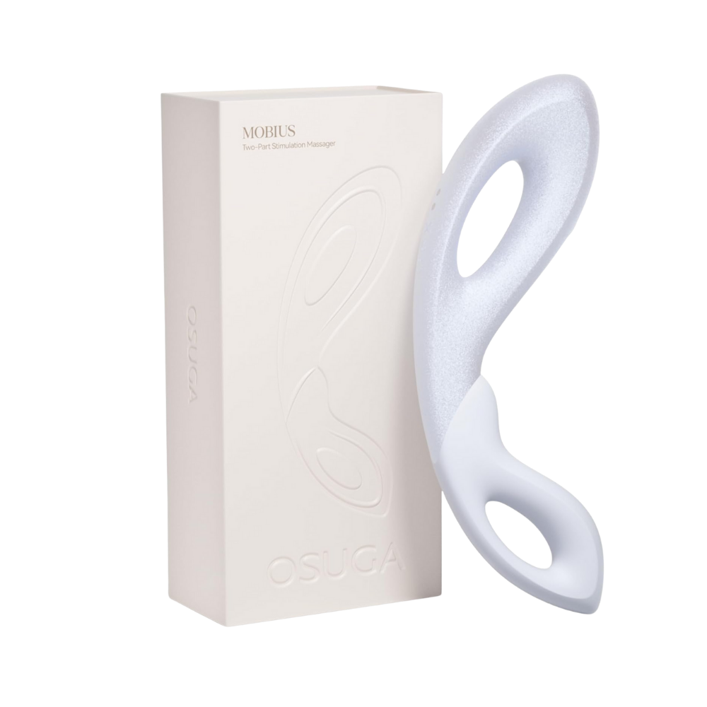 A white Mobius vibrators sitting next to it's box.