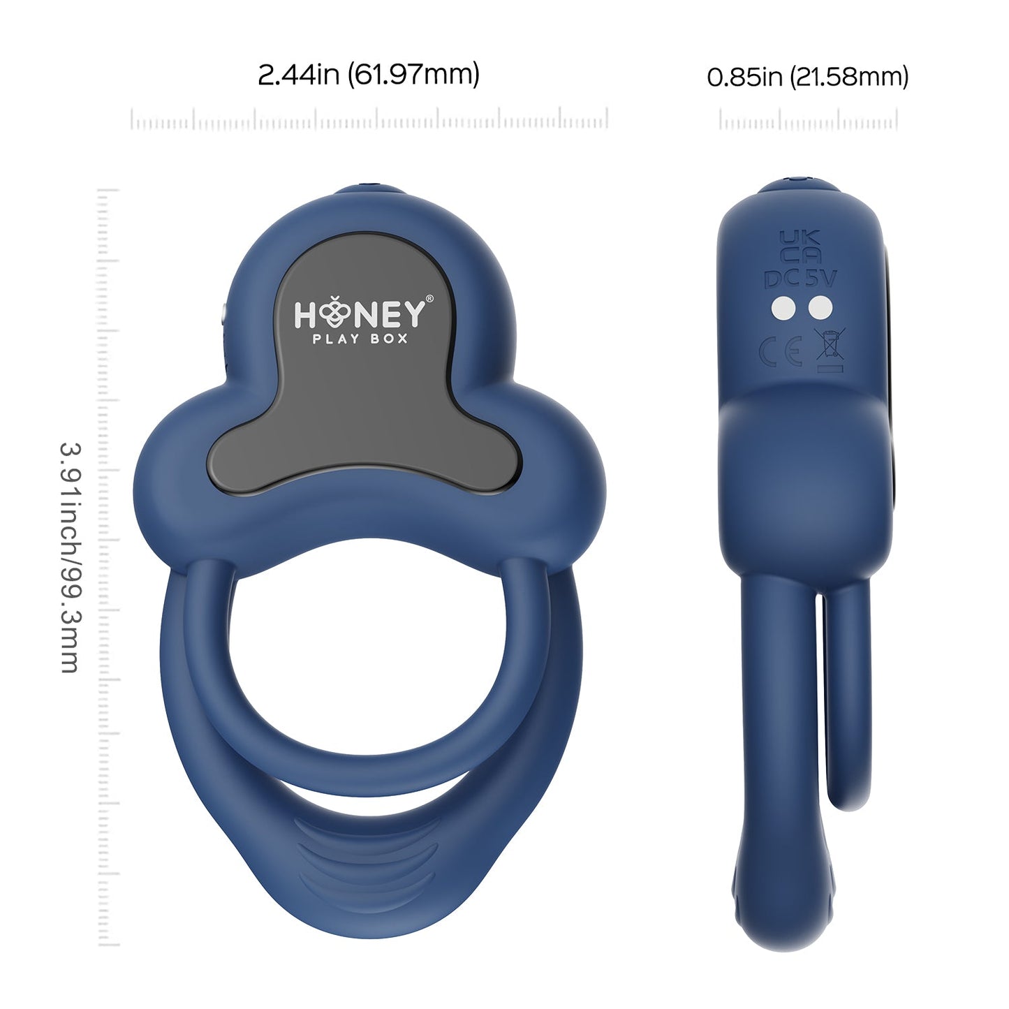 Two dark blue Anello Honey Play Box cock rings againt a white background with one showing a side view to show dimensions 3.9"x2.44"x0.85".