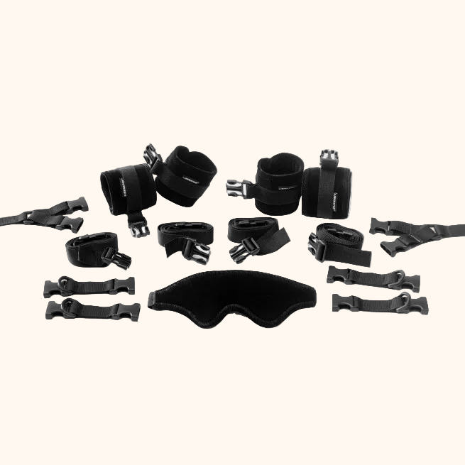 Black Bed Buckler, Bedroom Furniture by Liberator pieces laid out on white background.