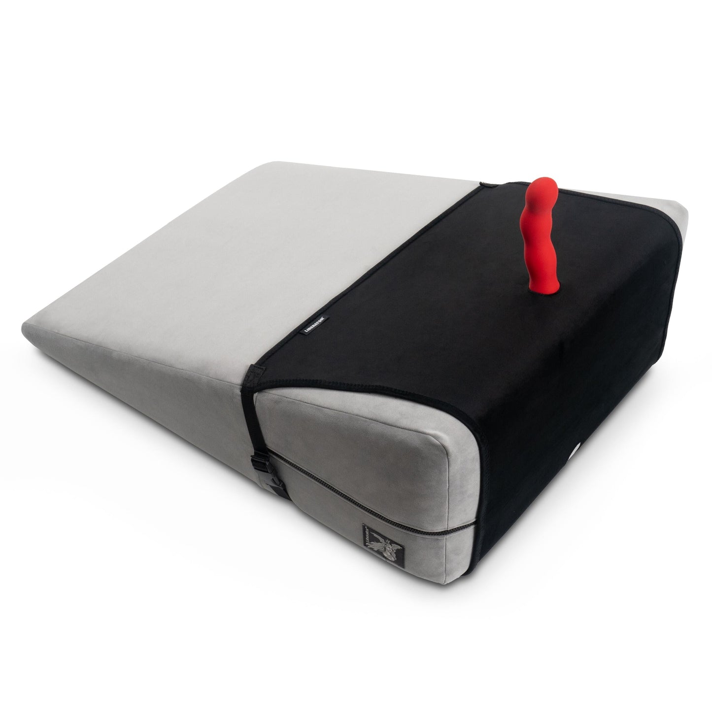 Grey Birdi Toy Mount, Bedroom Furniture by Liberator with black cover and a red vibrator in the holder against a white background.
