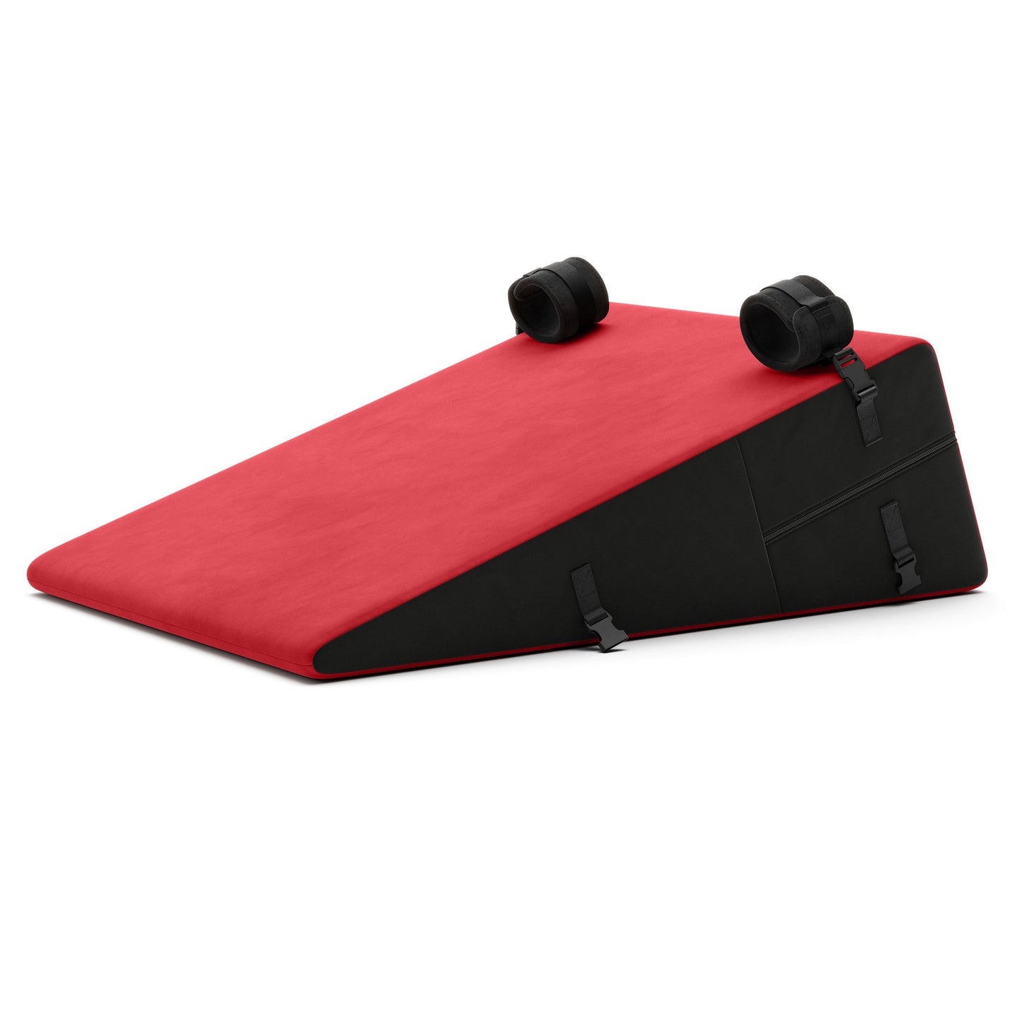 A red Bondage ramp, Bedroom Furniture by Liberator with handcuffs on a white background.