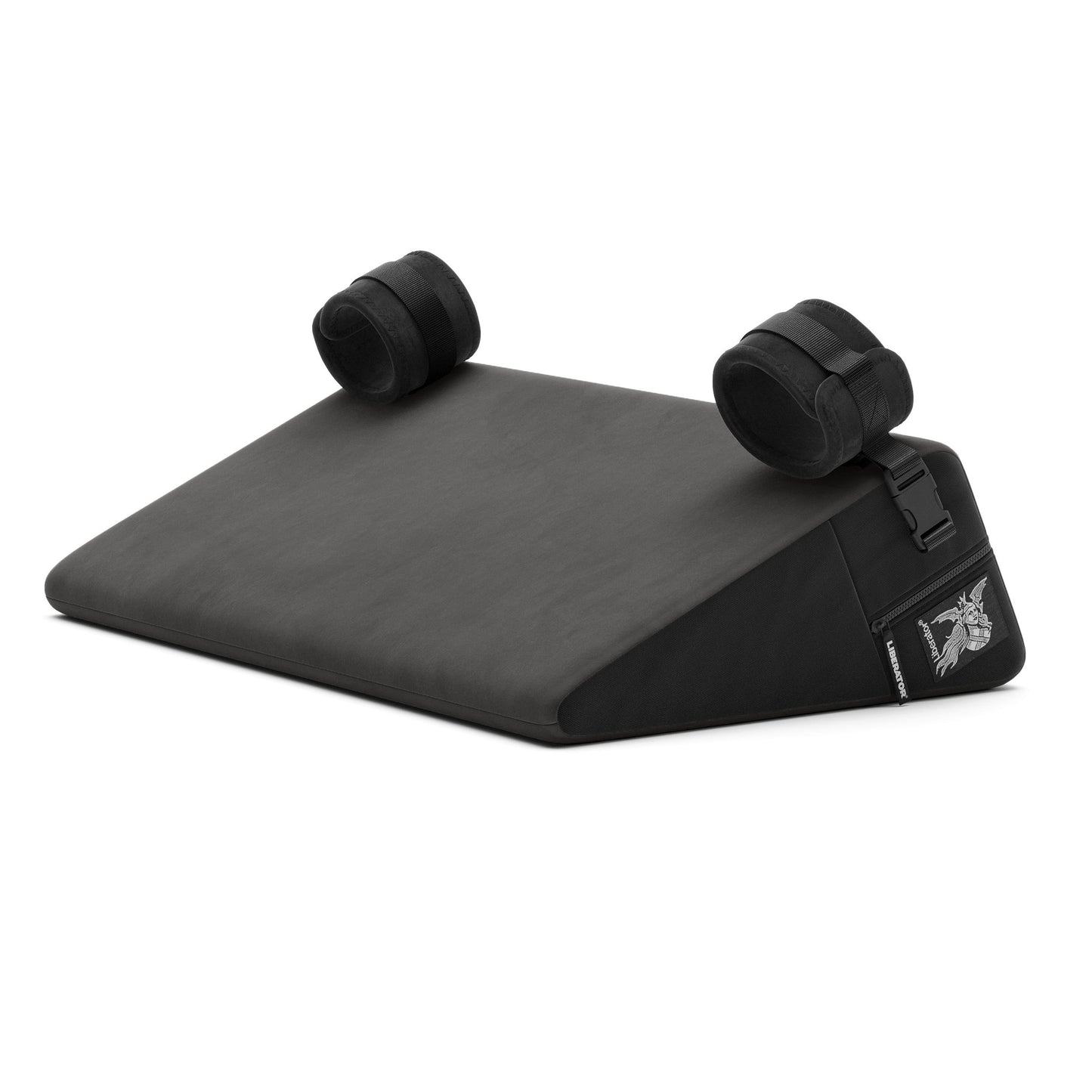 A black Bondage Wedge, Bedroom Furniture by Liberator with handcuffs on a white background.