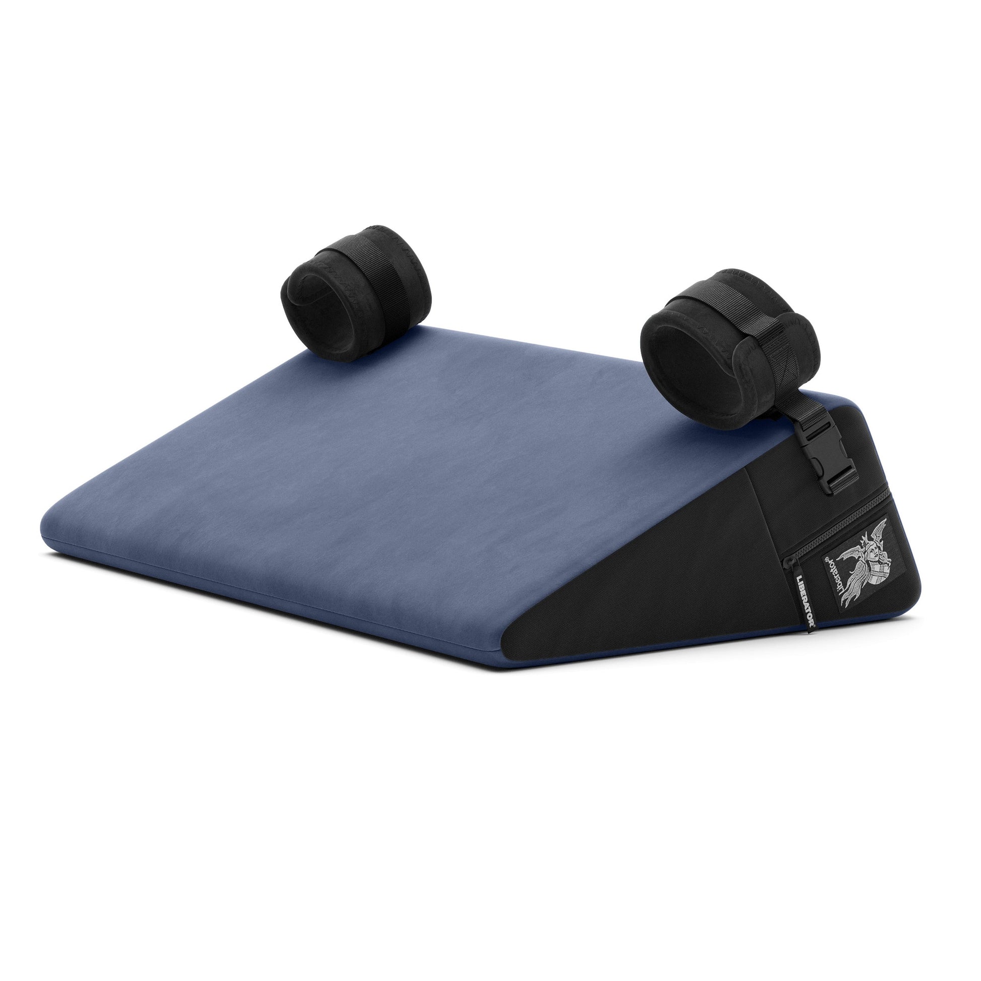 A blue Bondage Wedge, Bedroom Furniture by Liberator with handcuffs on a white background.