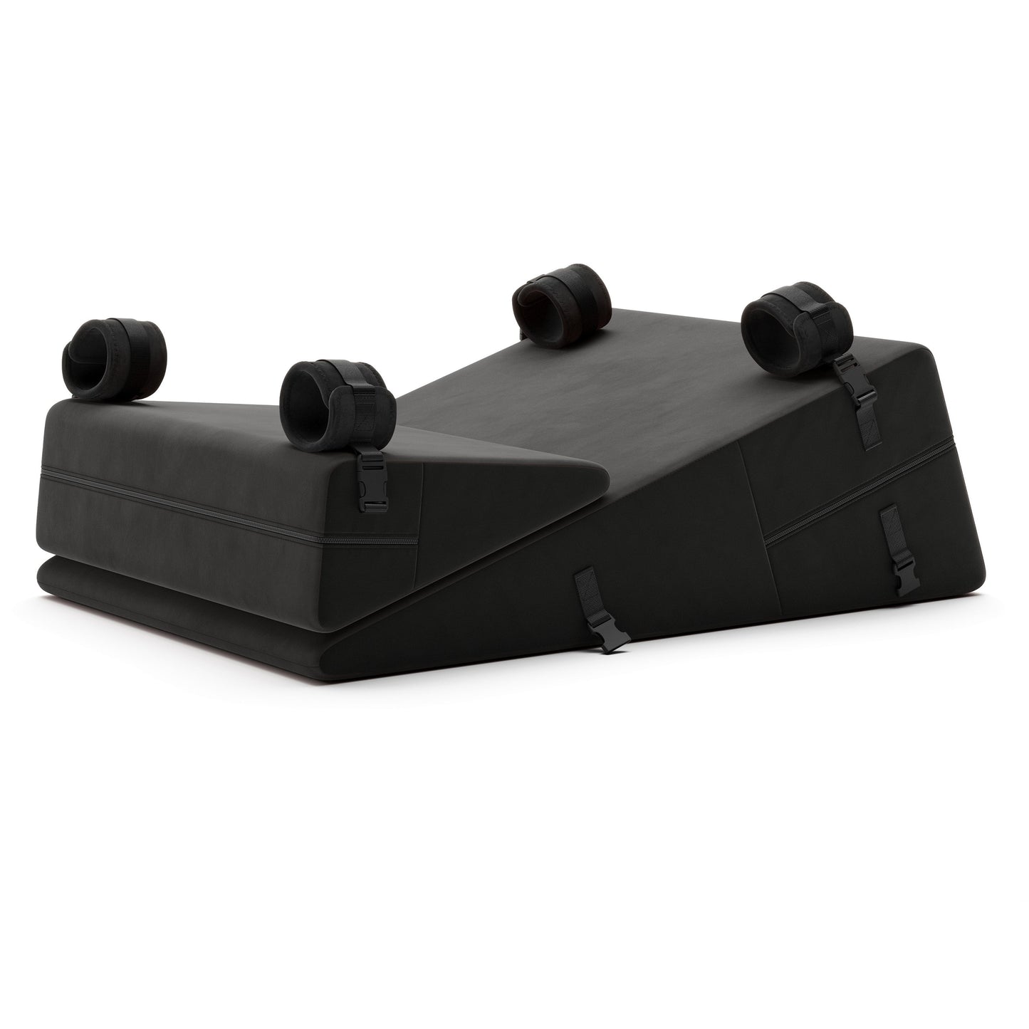 A set of black Bondage ramp and wedge, Bedroom Furniture by Liberator with handcuffs on a white background.