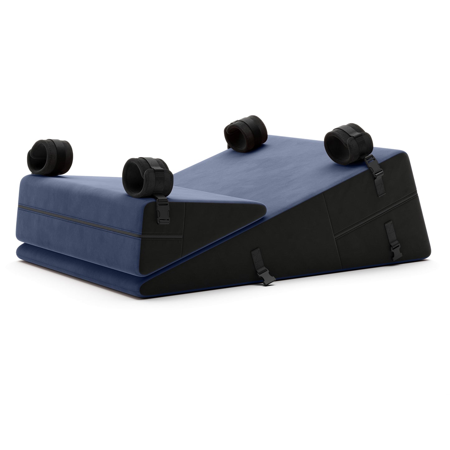 A set of blue Bondage ramp and wedge, Bedroom Furniture by Liberator with handcuffs on a white background.