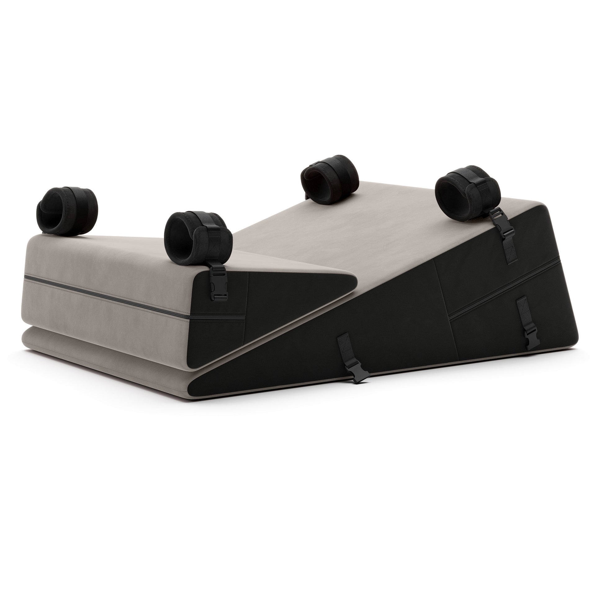 A set of grey Bondage ramp and wedge, Bedroom Furniture by Liberator with handcuffs on a white background.