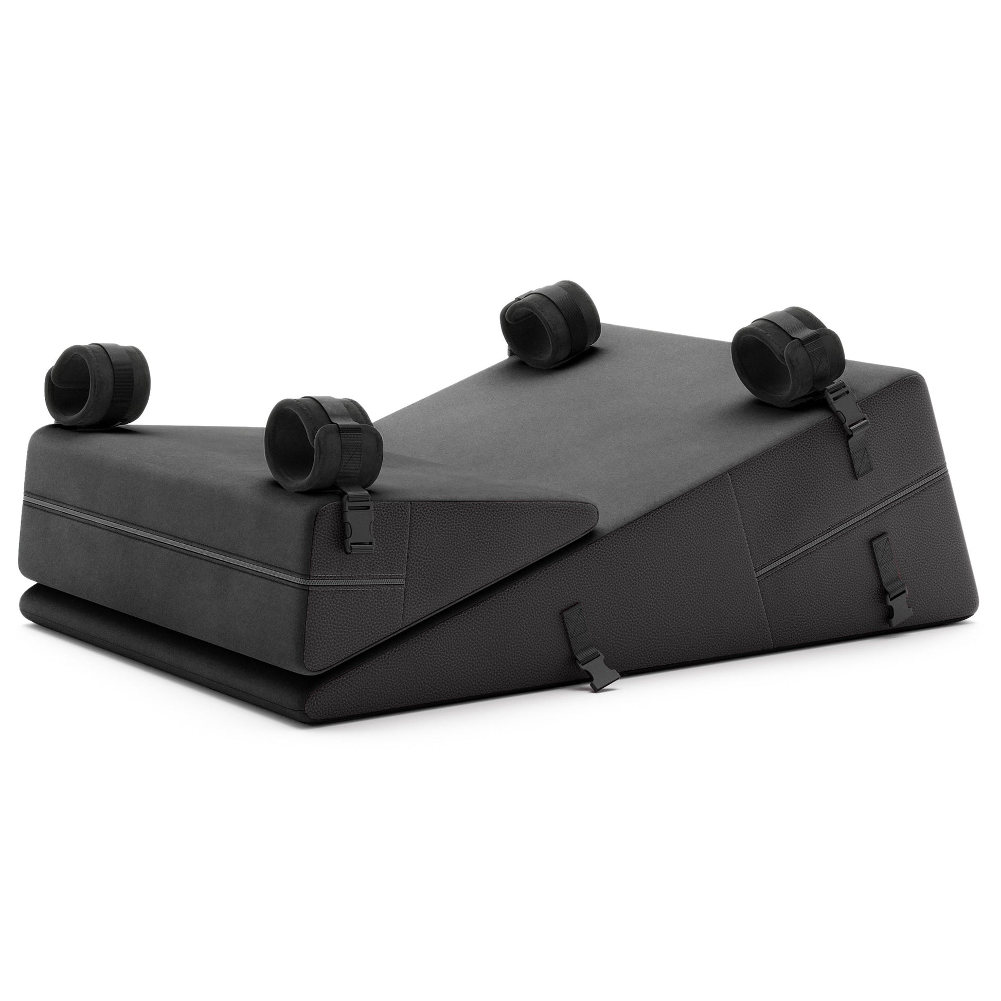 A set of ultraleather black Bondage ramp and wedge, Bedroom Furniture by Liberator with handcuffs on a white background.