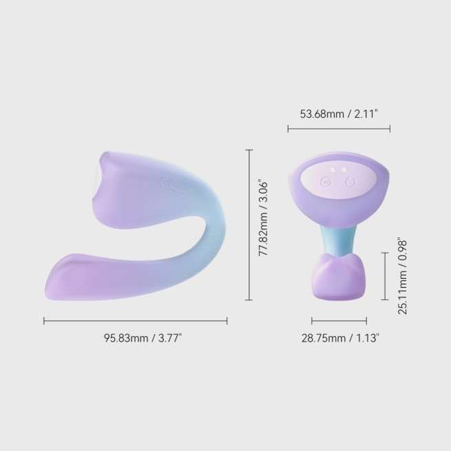 Two lavender C-Tail G-Spot Vibrators, Bedroom Toy by Liberator against a white background showing the dimensions.