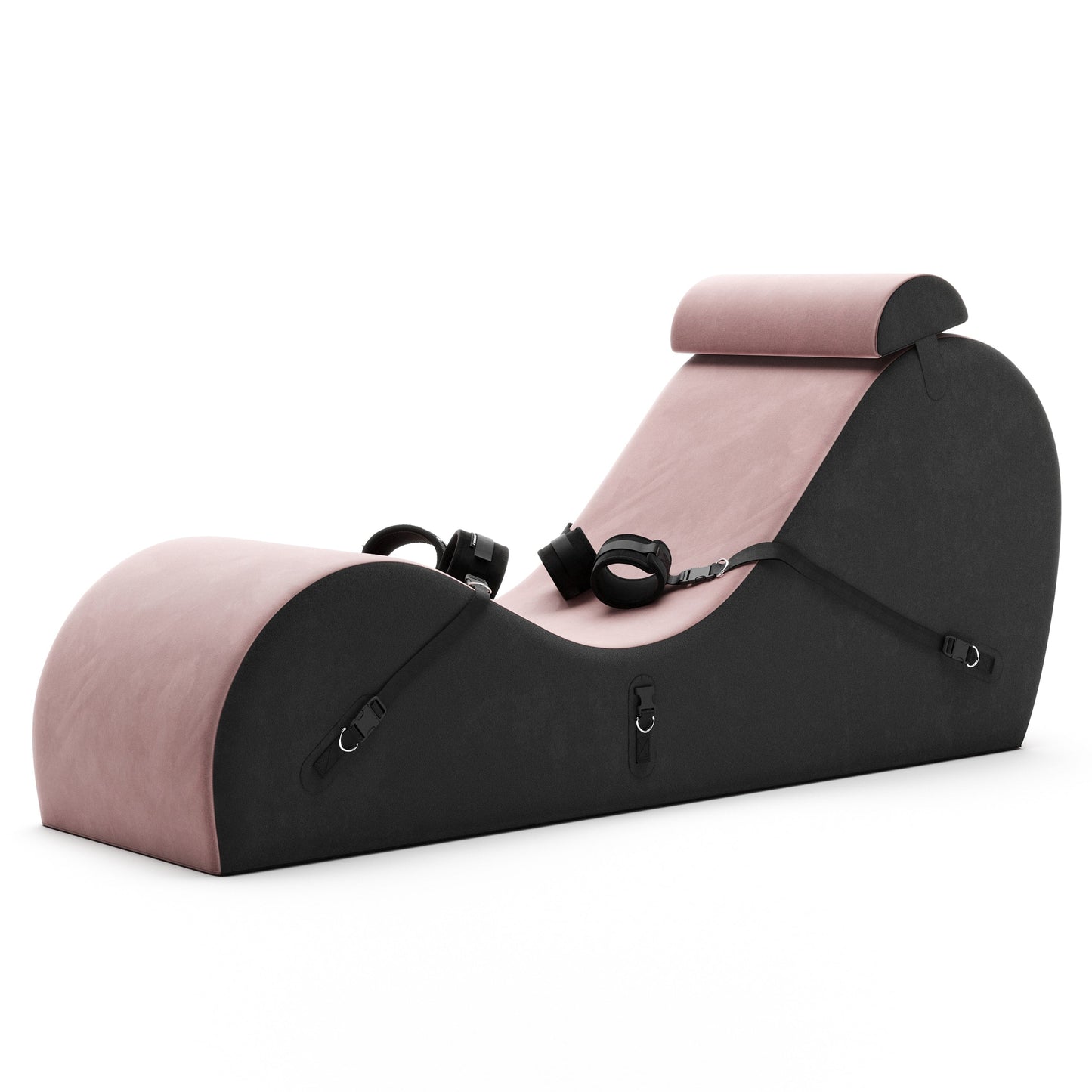 A rose Valkyrie Cello Chaise with the two sets of cuffs against a white background.