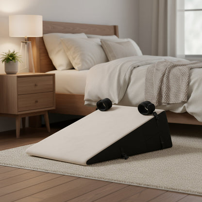 Cream, and black ramp shaped product by Liberator in a bedroom setting.