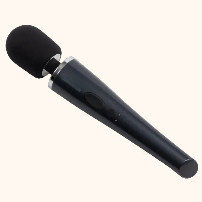 A black DeJour Vibrating Wand bedroom toy by Liberator on a white background.