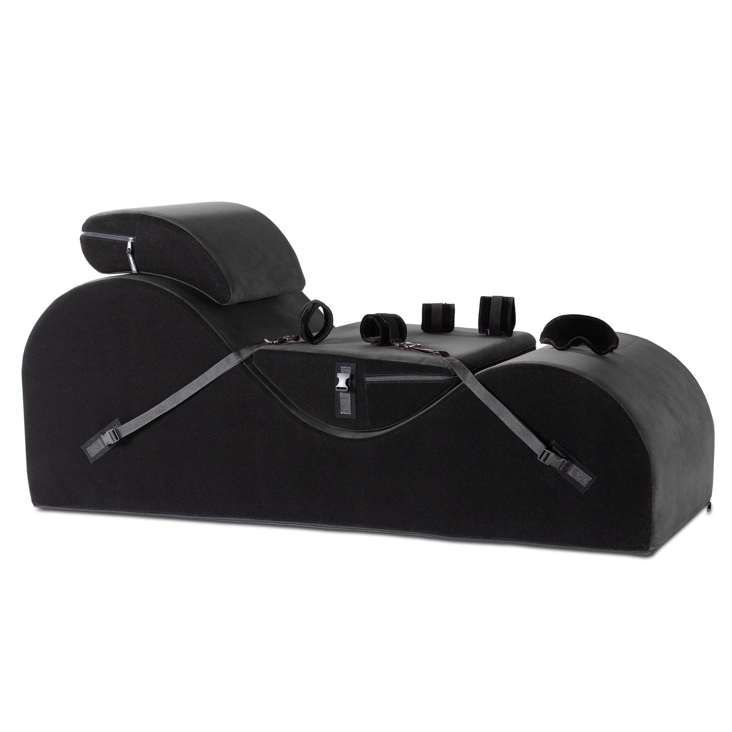 A valkyrie Ink Black Chaise with cuffs and mask Bondage, Bedroom Furniture by Liberator against a white background.