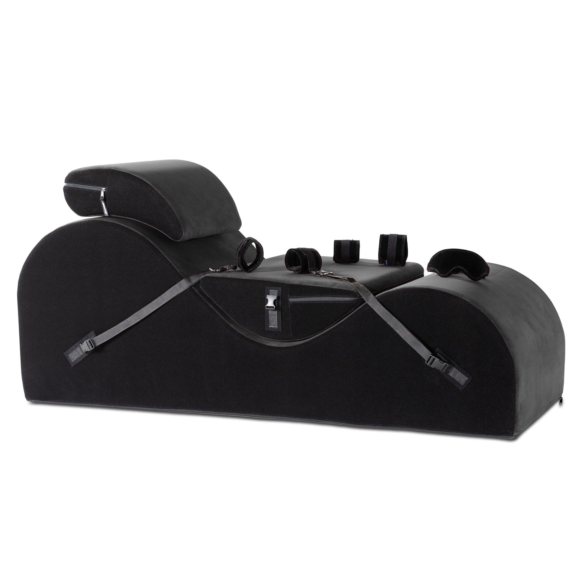 A valkyrie Ink Black Chaise with cuffs and mask Bondage, Bedroom Furniture by Liberator against a white background.