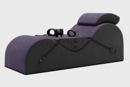 A valkyrie aubergine Esse Chaise with cuffs and mask Bondage, Bedroom Furniture by Liberator against a white background.