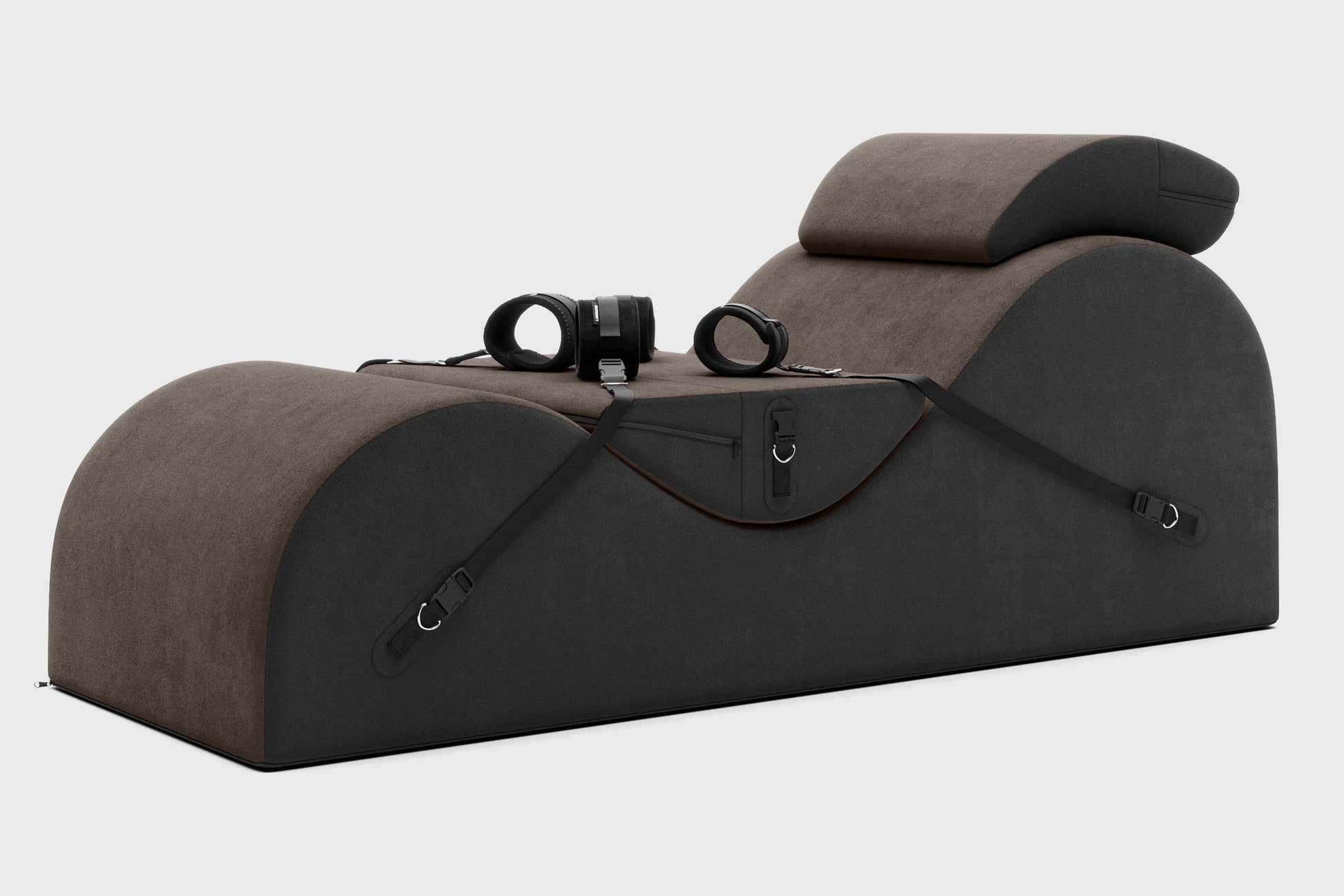 A valkyrie espresso Esse Chaise with cuffs and mask Bondage, Bedroom Furniture by Liberator against a white background.