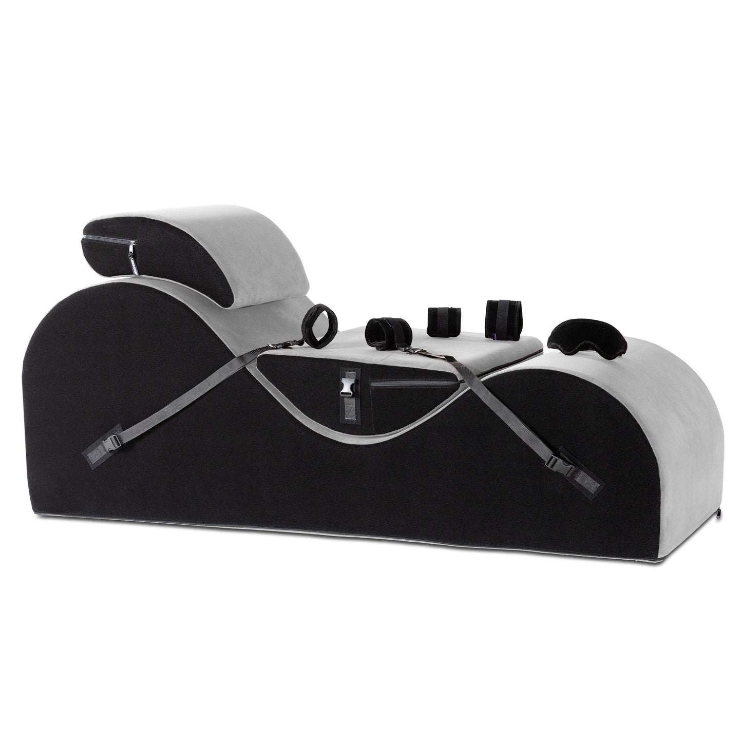 A valkyrie grey Esse Chaise with cuffs and mask Bondage, Bedroom Furniture by Liberator against a white background.