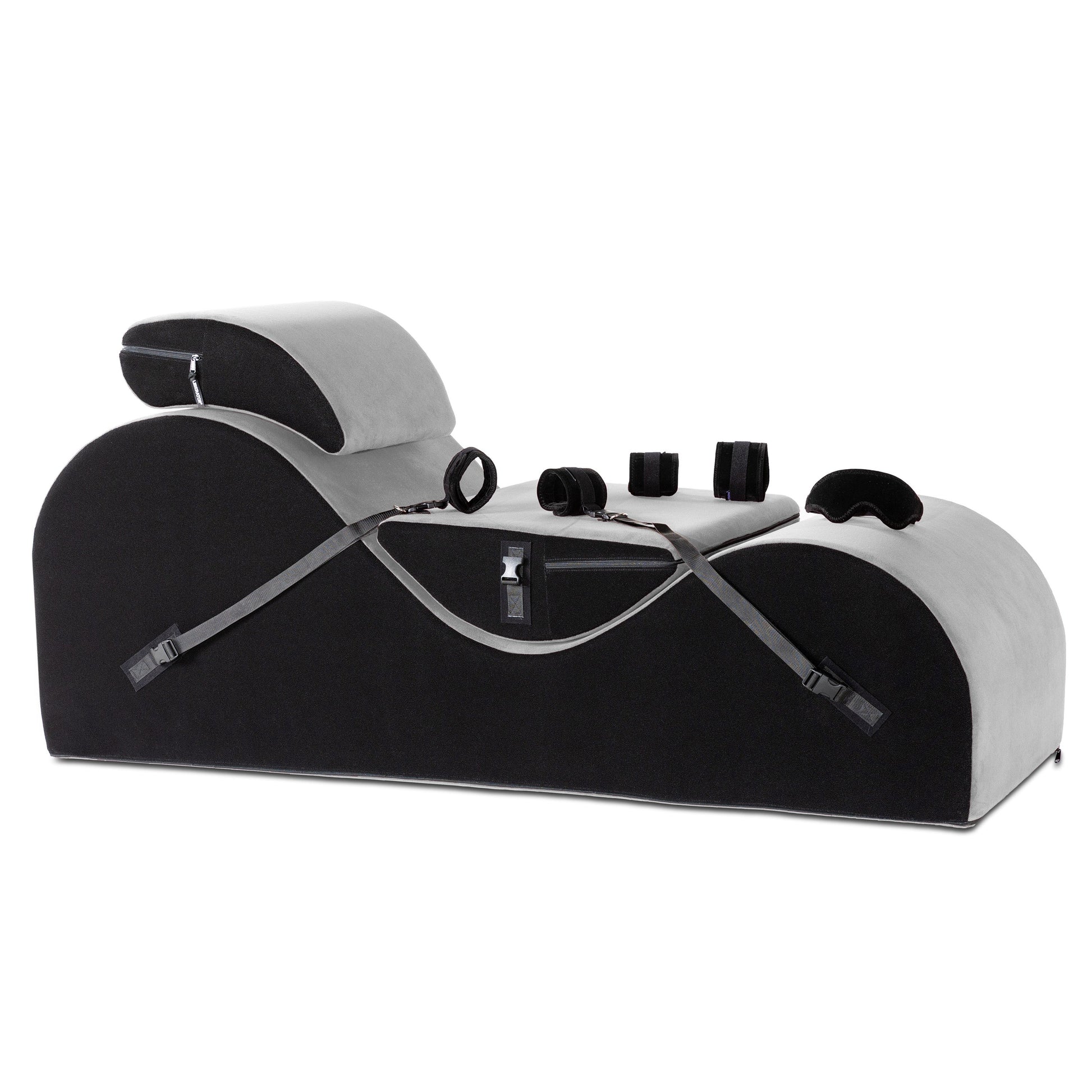 A valkyrie grey Esse Chaise with cuffs and mask Bondage, Bedroom Furniture by Liberator against a white background.