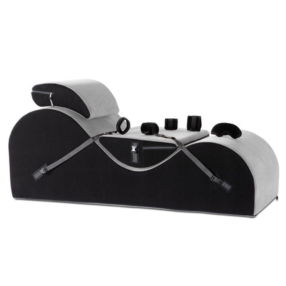 A valkyrie grey Esse Chaise with cuffs and mask Bondage, Bedroom Furniture by Liberator against a white background.