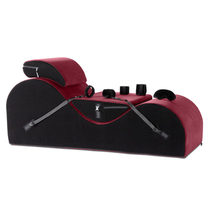 A valkyrie merlot Esse Chaise with cuffs and mask Bondage, Bedroom Furniture by Liberator against a white background.