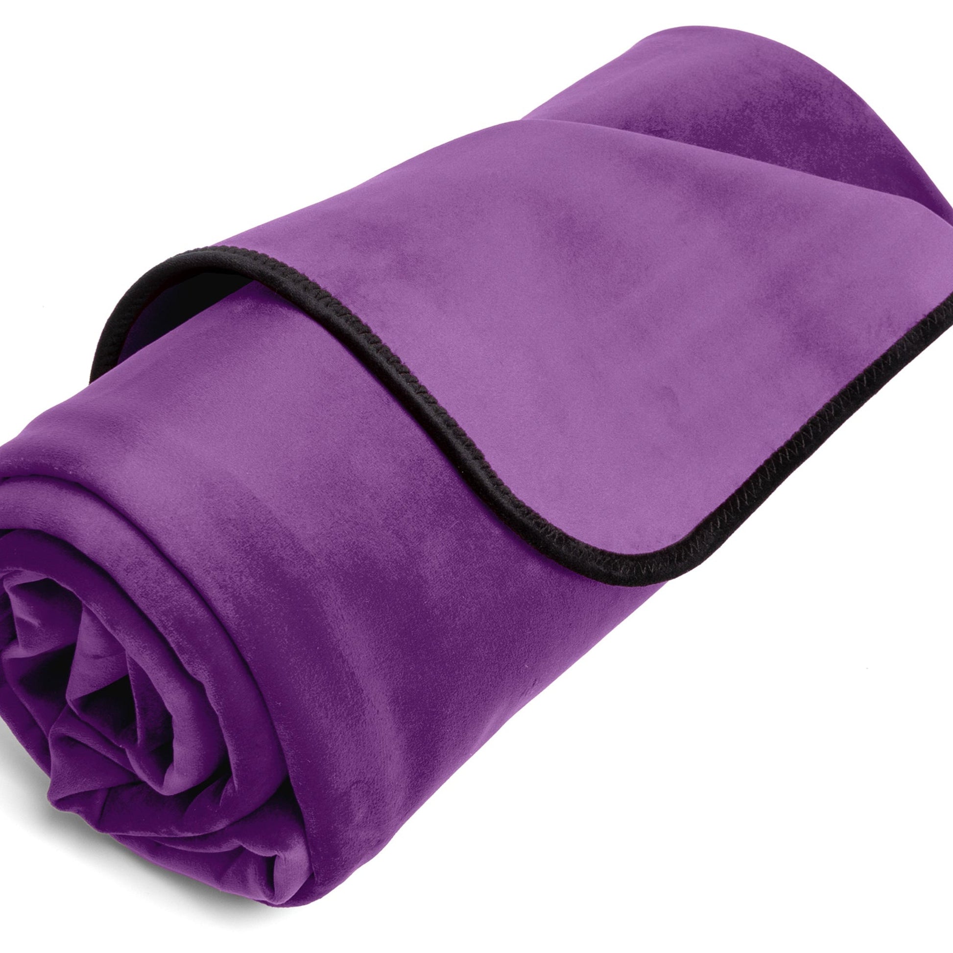 A purple indigo Fascinator Splashproof Throws, Bedroom Furniture by Liberator rolled up against a white background.