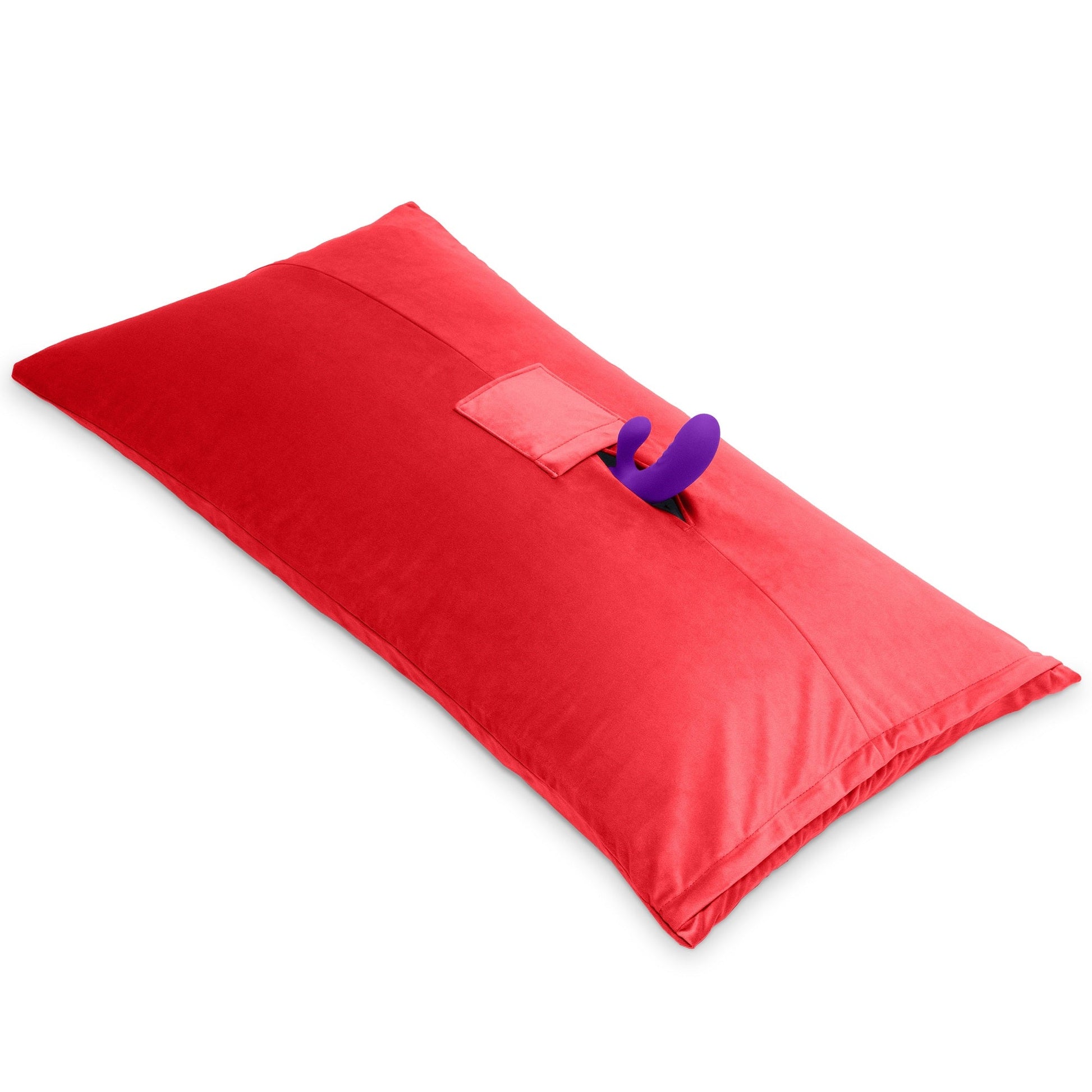 A red Humphrey Toy Mount pillow, Bedroom Furniture with a toy in it by Liberator against a white background.