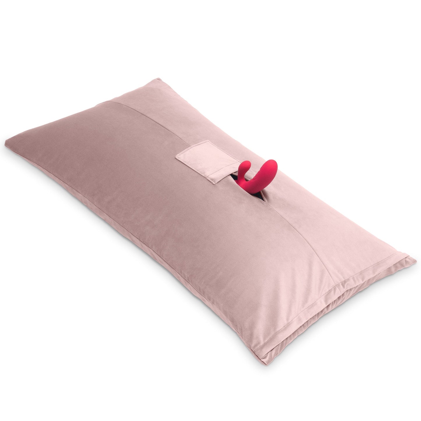 A rose colored Humphrey Toy Mount pillow, Bedroom Furniture with a toy in it by Liberator against a white background.