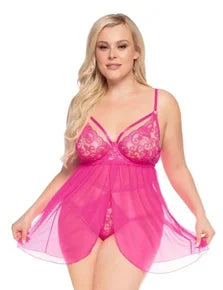 Babydoll con tiras y tanga de tiro alto (talla grande)