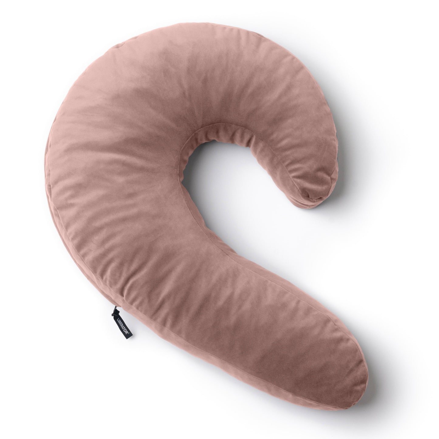 A rose colored Lune Snuggle curved Pillow, Bedroom Furniture by Liberator against a white background.