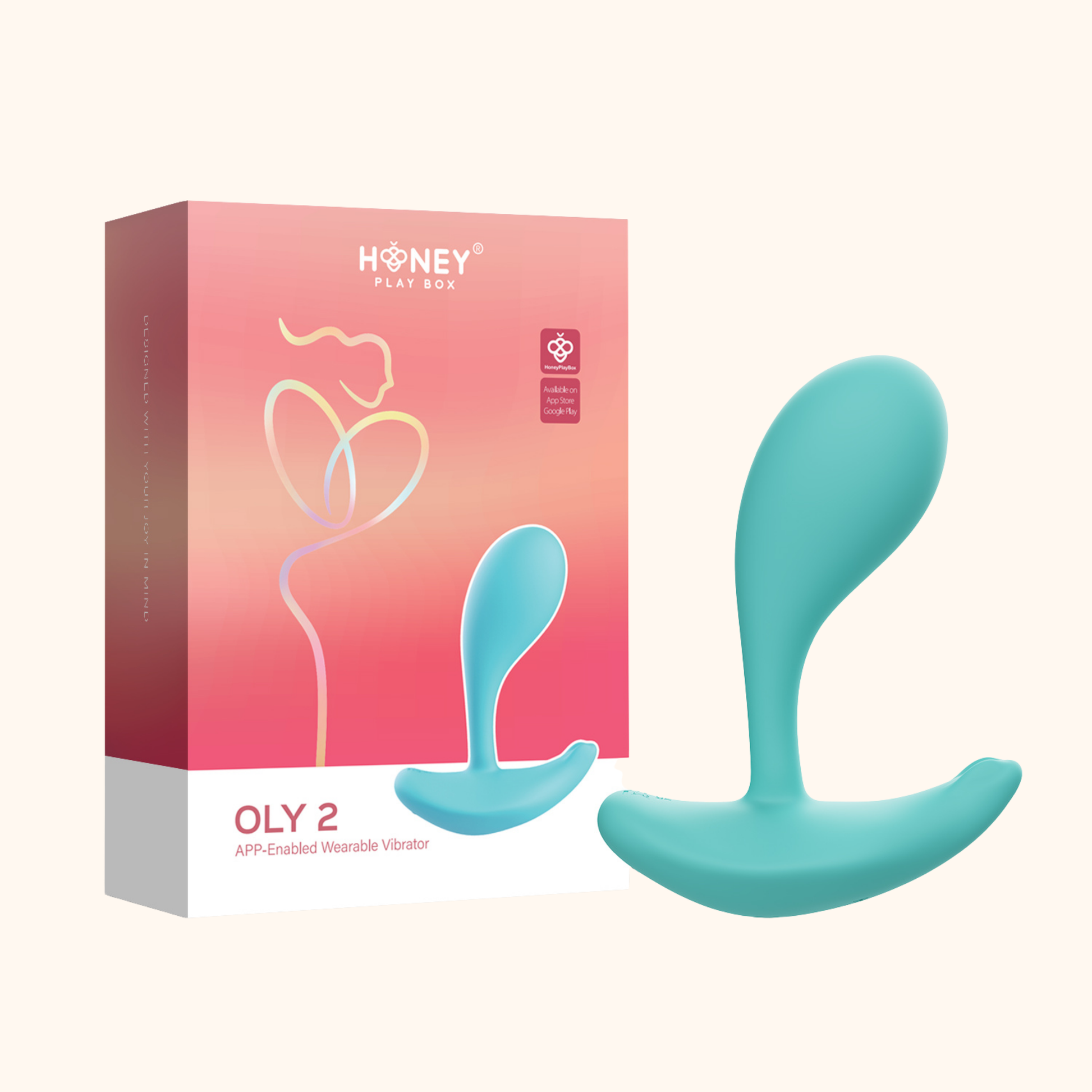 A light blue OLY 2 Pressure Sensing APP-enabled Wearable Clit & G Spot Vibrator against a white background sitting next to the box.