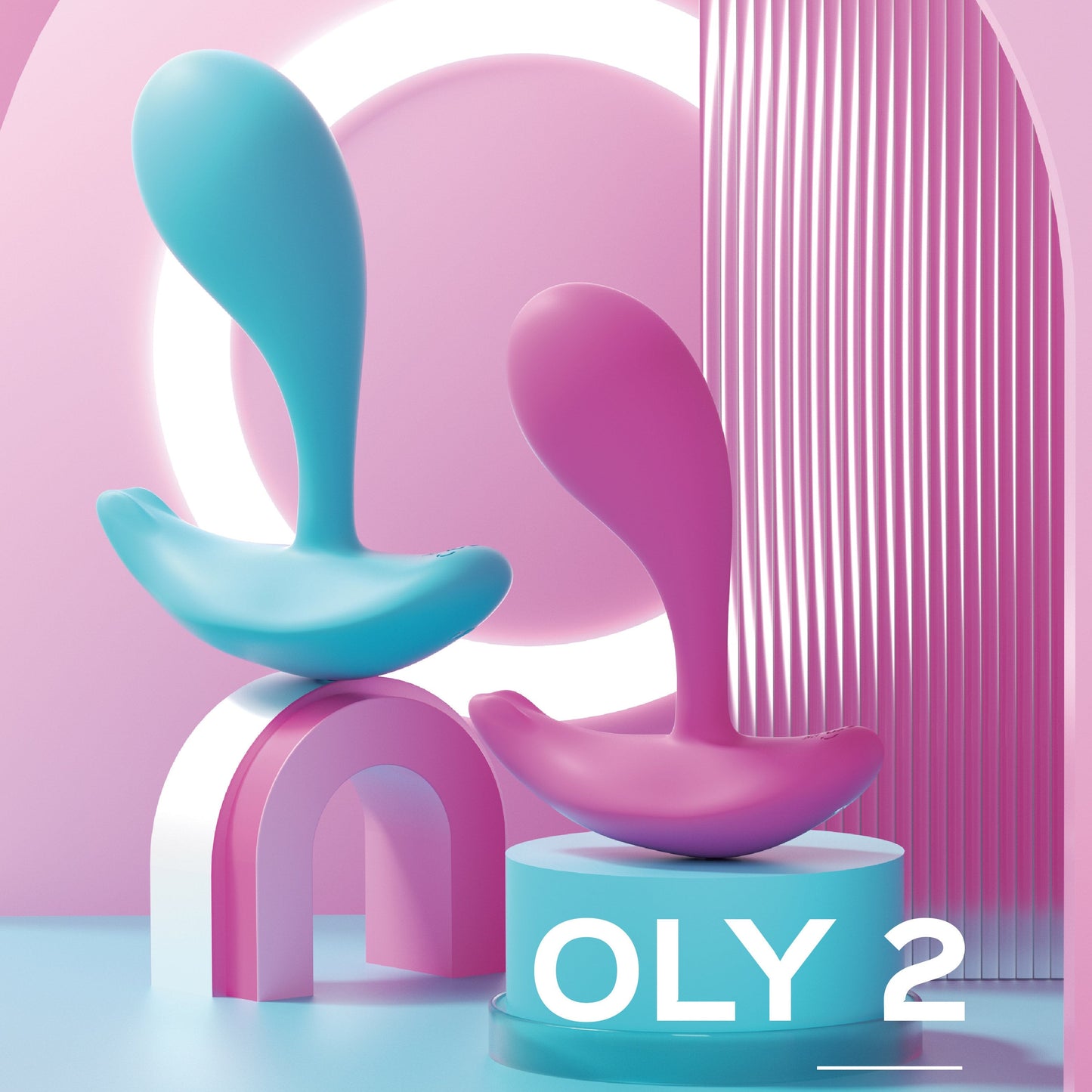 A light blue and a pale pink OLY 2 Pressure Sensing APP-enabled Wearable Clit & G Spot Vibrators sitting on stands against a blue and pink background.