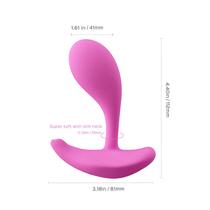 A pale pink OLY 2 Pressure Sensing APP-enabled Wearable Clit & G Spot Vibrator against a white background showing the dimensions.
