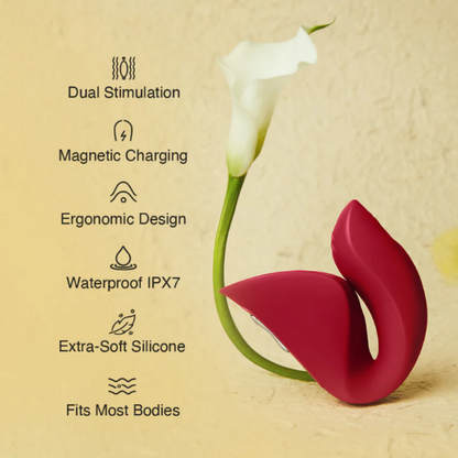 A red Ridge Dual Action Vibrator by Liberator on a yellow background next to a flower showing the description.