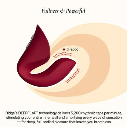 A red Ridge Dual Action Vibrator by Liberator on a white background showing its vibrations.