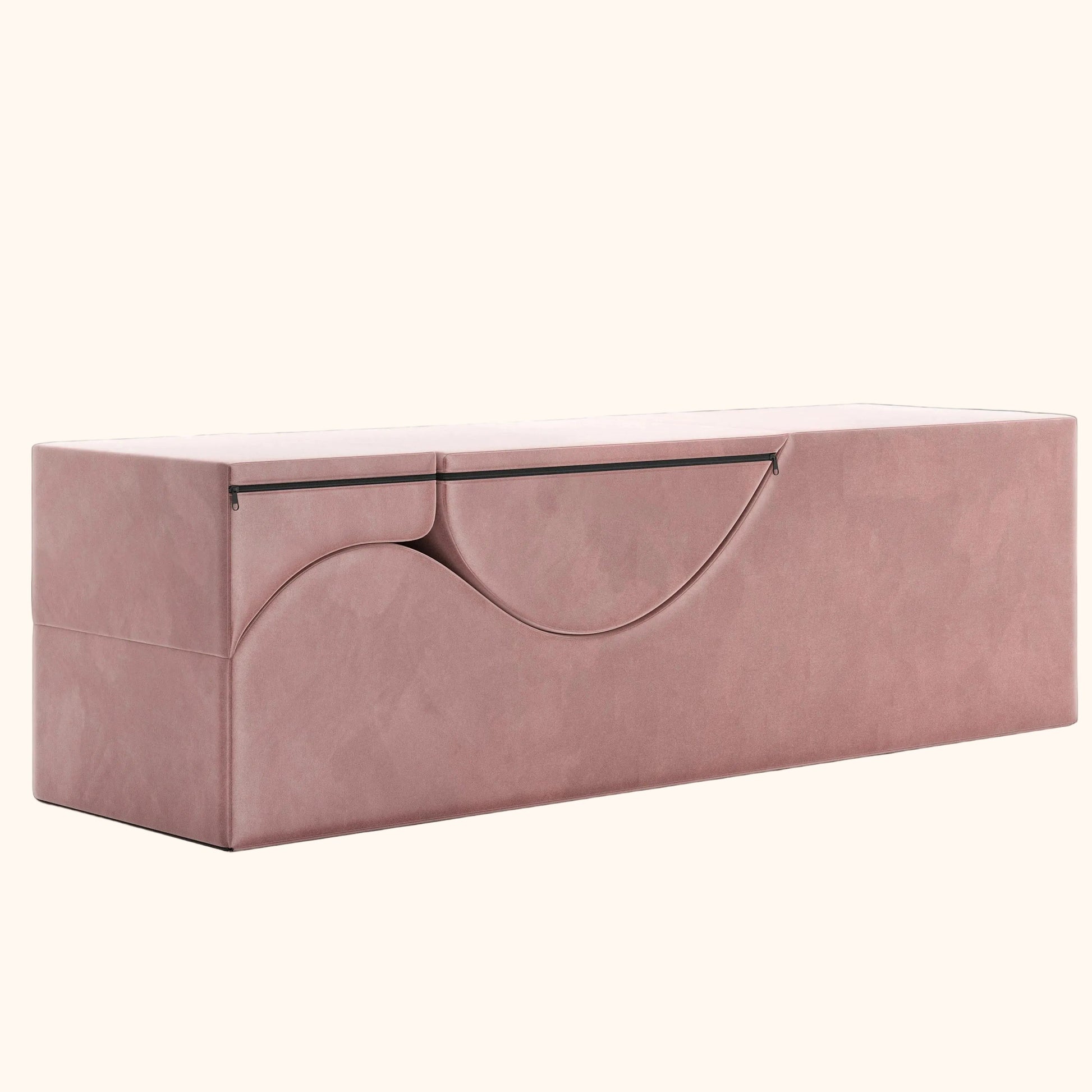 Rose Aria Flip Chaise by Liberator folded into a bench up into a rectangle against white background