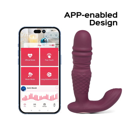 A purple Ryder Thrusting Vibrator against a white background next to a phone showing the app.