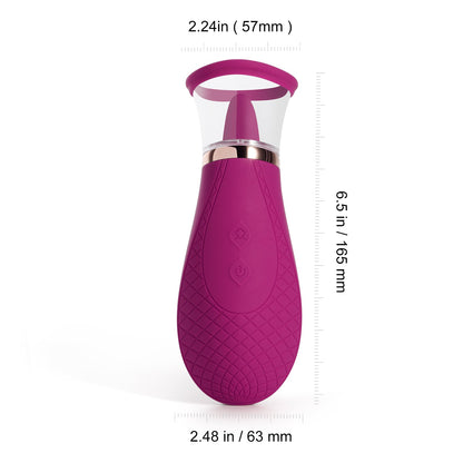 A pink Sucking and Licking Scioness Clitoral Stimulator on a white background showing the dimensions.