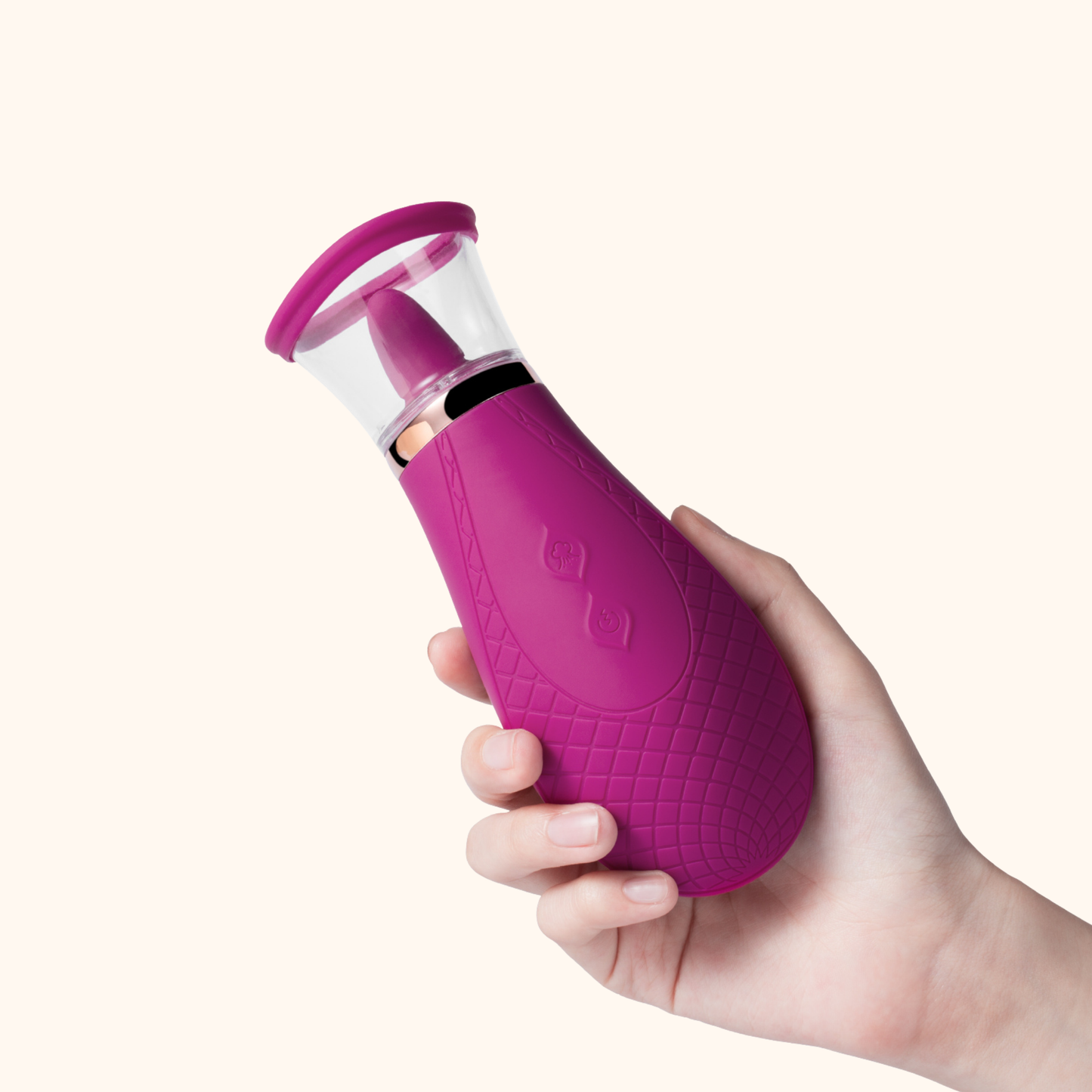 A hand holding a pink Sucking and Licking Scioness Clitoral Stimulator on a white background.