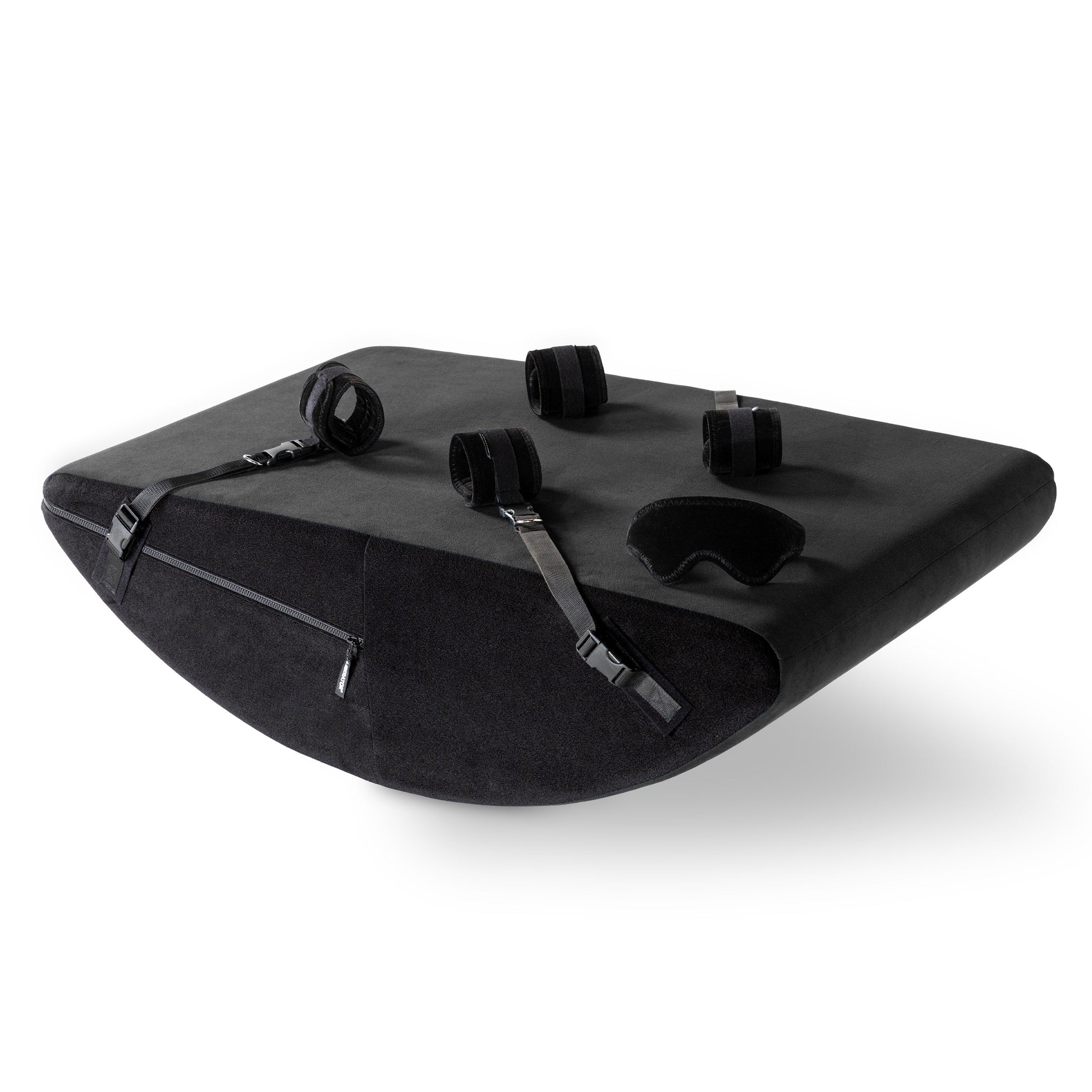 A black Scoop Valkyrie, Bedroom Furniture by Liberator with cuffs against a white background.