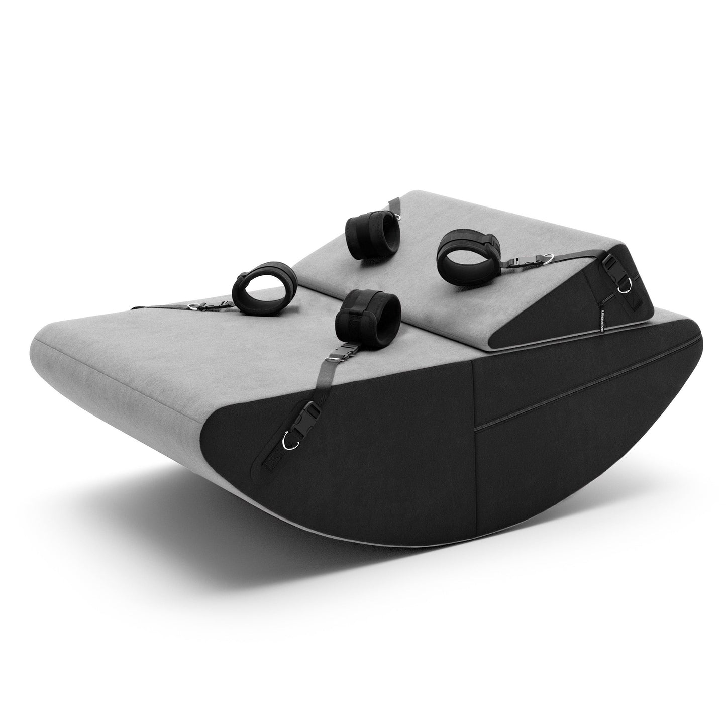 A grey Scoop and wedge Valkyrie, Bedroom Furniture by Liberator with cuffs against a white background.