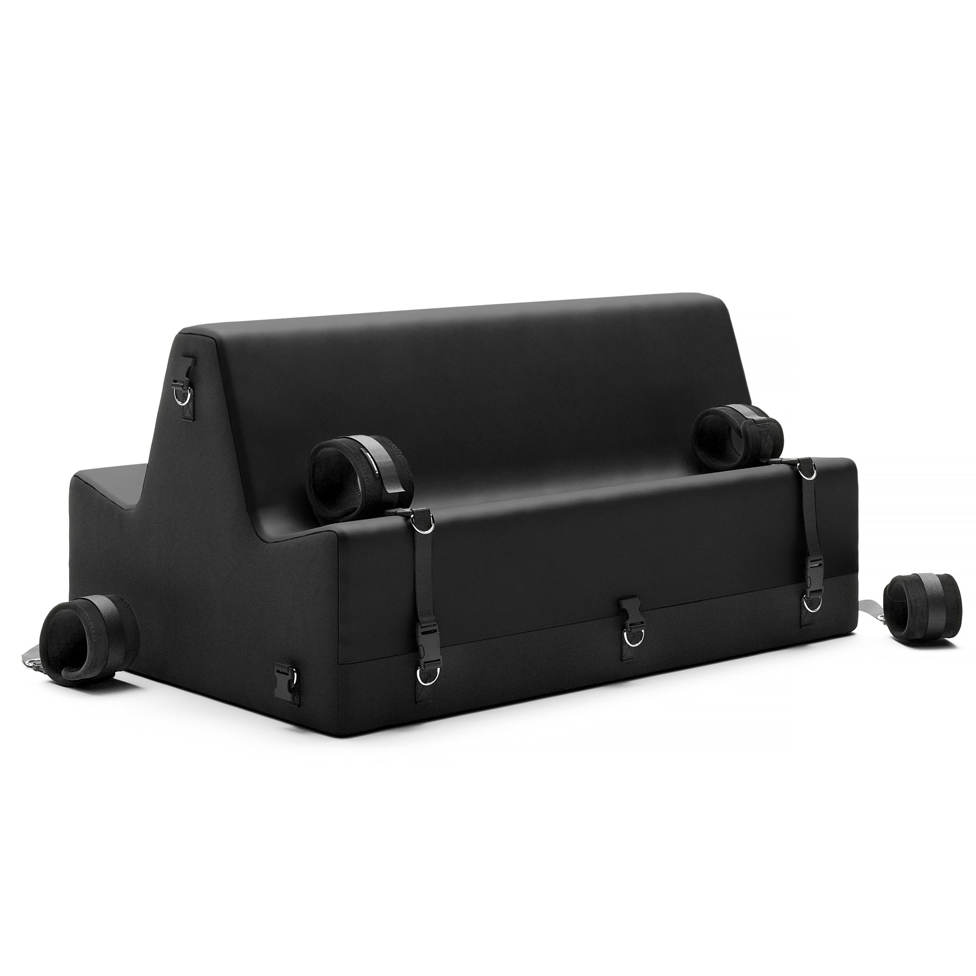 A black Steed Spanking Bench bedroom furniture by Liberator with cuffs against a white background.