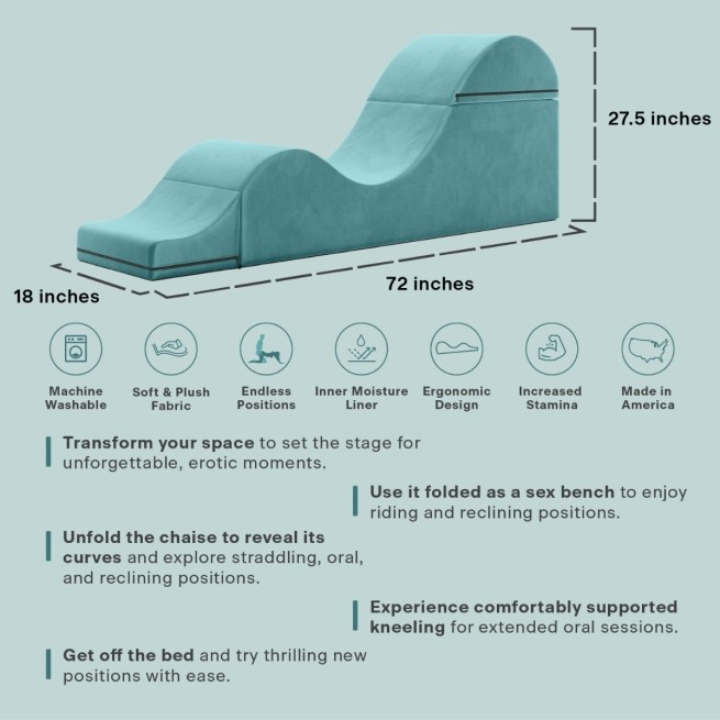 A teal Aria Flip Chaise by Liberator unfolded into a chaise against a white background showing all the dimensions and possibilites of the piece.