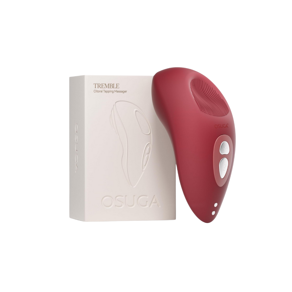 A red Tremble clitoral vibrator by Liberator sitting next to the box.