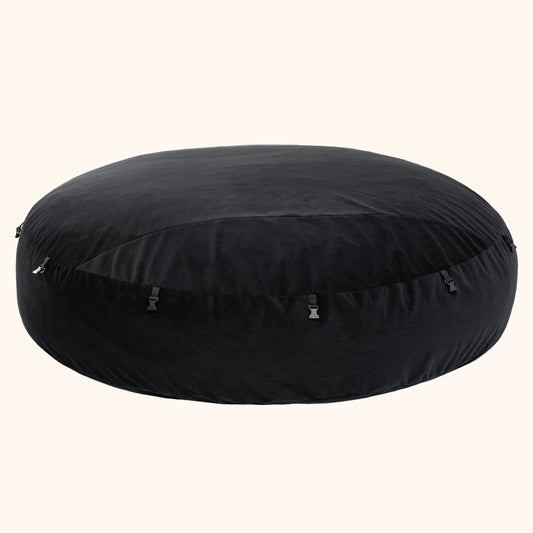 A black Zeppelin XL Bondage, Bedroom Furniture pillow by Liberator against a white background.